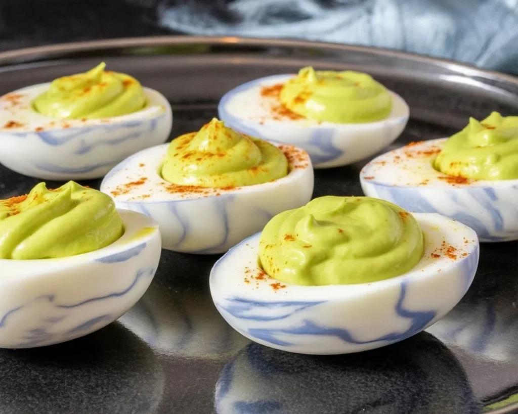 Spooky Halloween deviled eggs topped with spider decorations for a creepy appetizer.