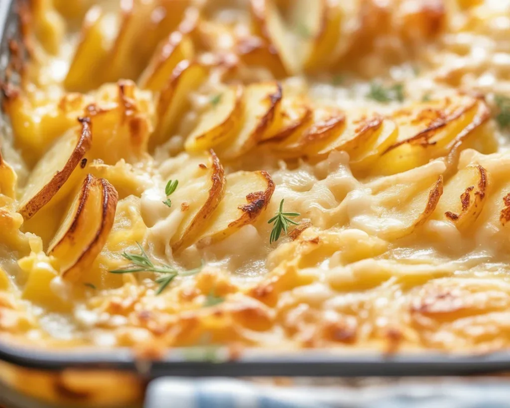 Baked cheesy scalloped potatoes topped with gooey cheese and creamy sauce