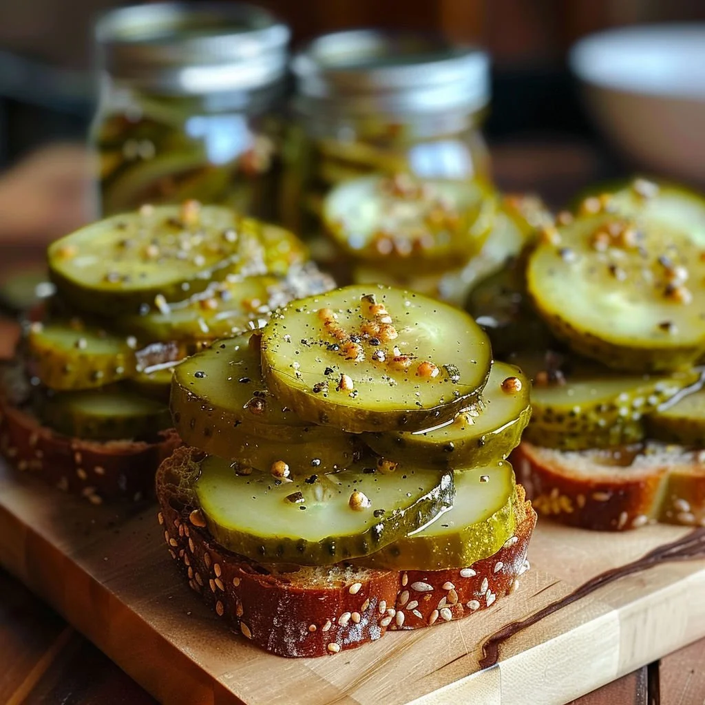 Jars of homemade bread and butter pickles on a rustic wooden table