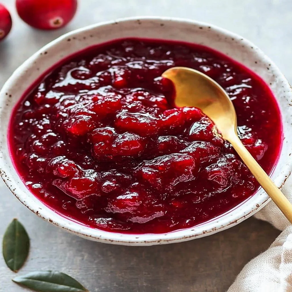 Homemade cranberry sauce in a bowl with fresh cranberries and herbs