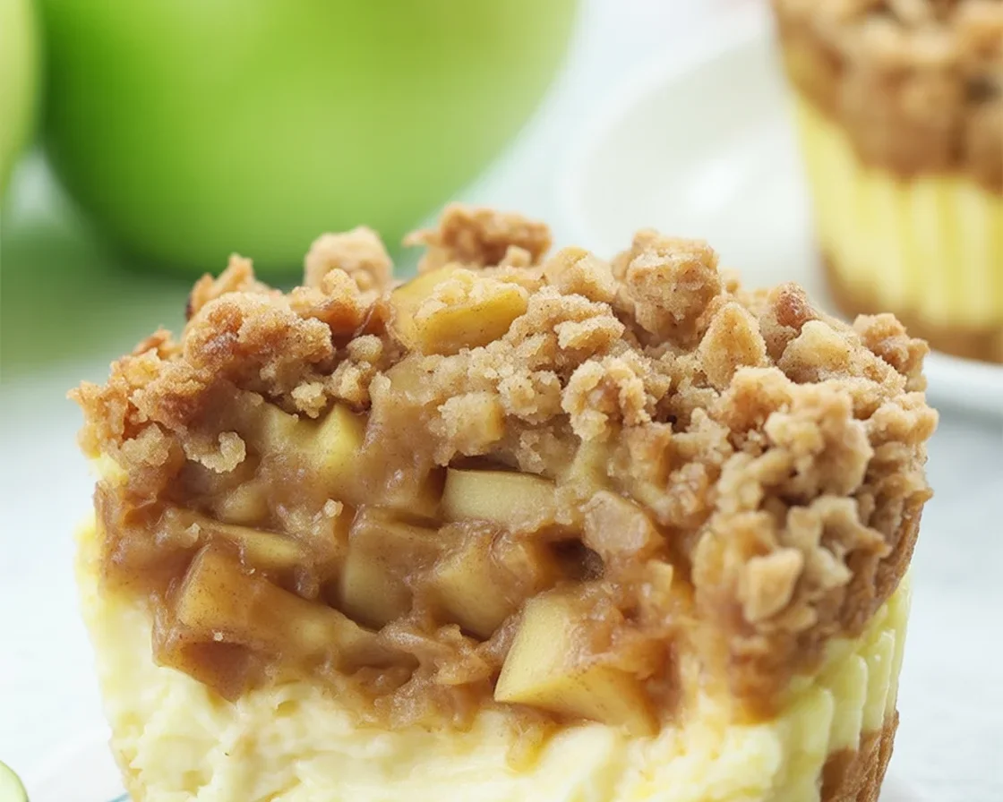 Delicious Apple Crisp Mini Cheesecakes topped with cinnamon streusel on a graham cracker crust.