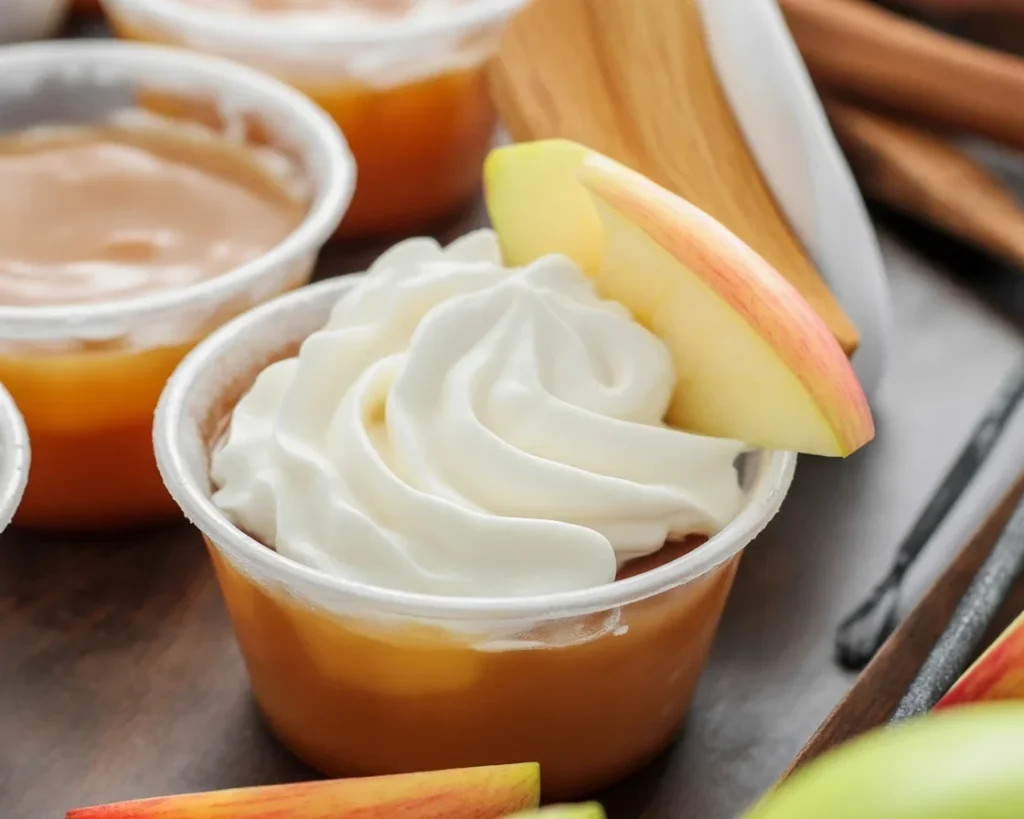 Delicious homemade Apple Pie Jello Shots topped with whipped cream and cinnamon.