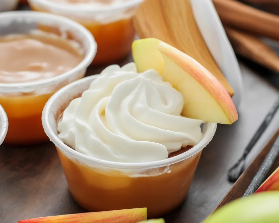 Delicious homemade Apple Pie Jello Shots topped with whipped cream and cinnamon.