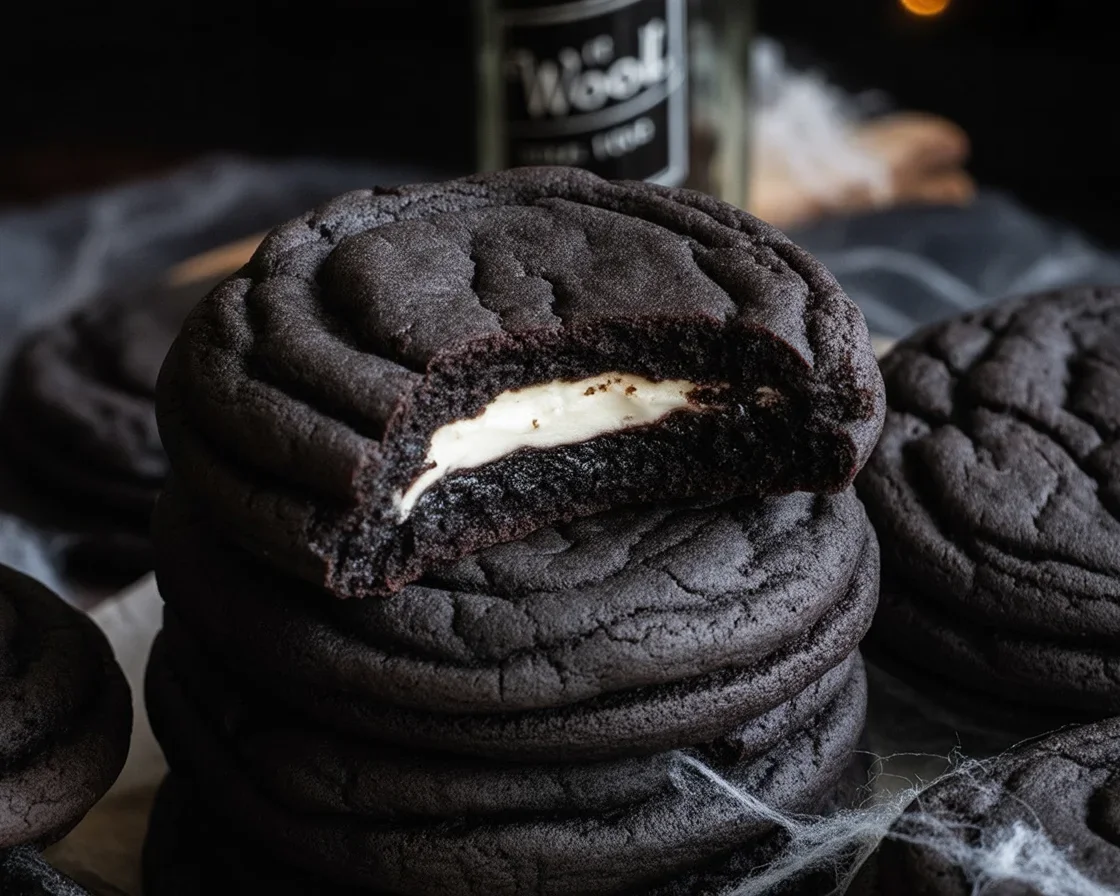 Black Velvet Cheesecake Cookies stuffed with creamy filling, perfect Halloween treat.
