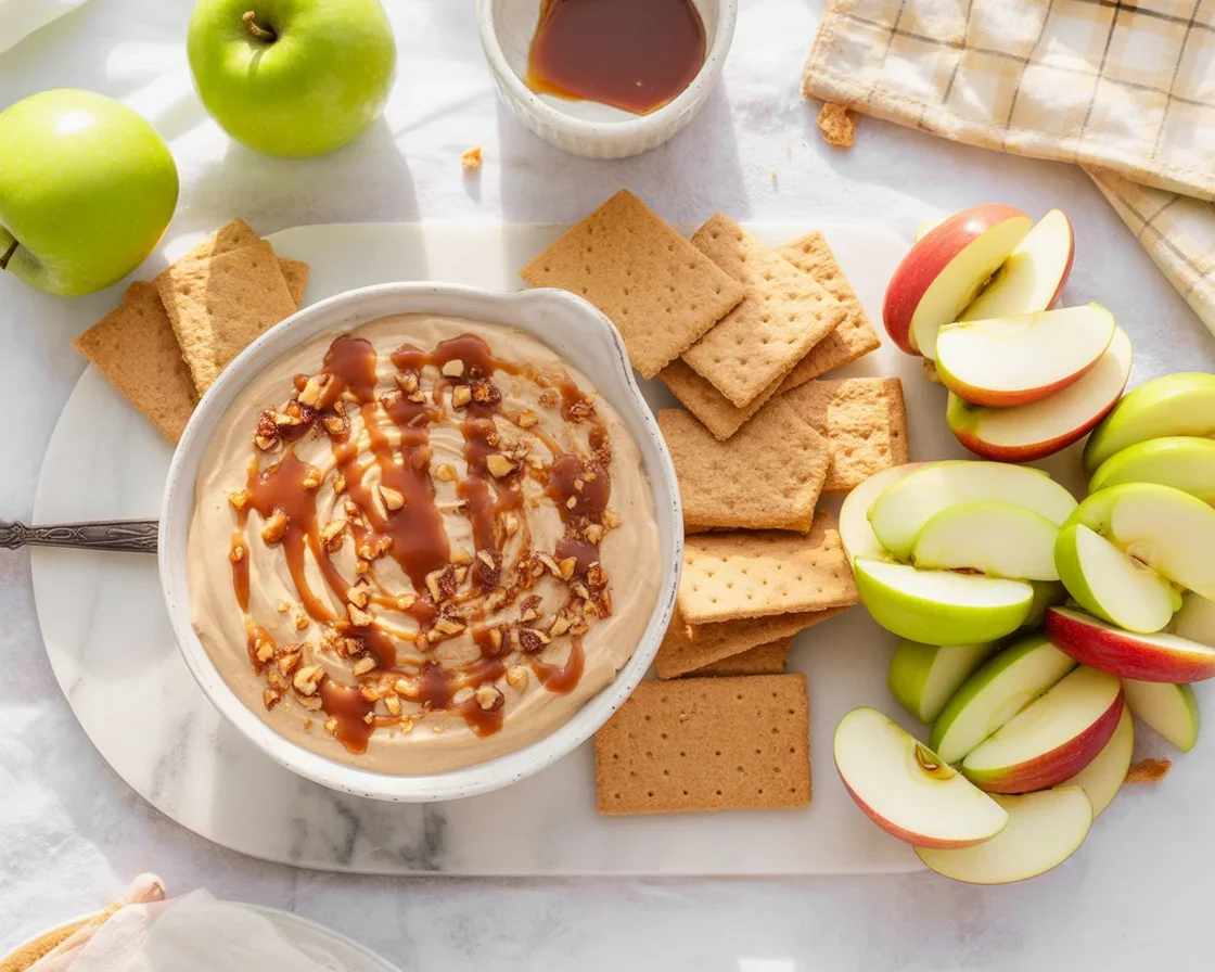 Cream Cheese Caramel Apple Dip served with sliced apples and caramel drizzle.