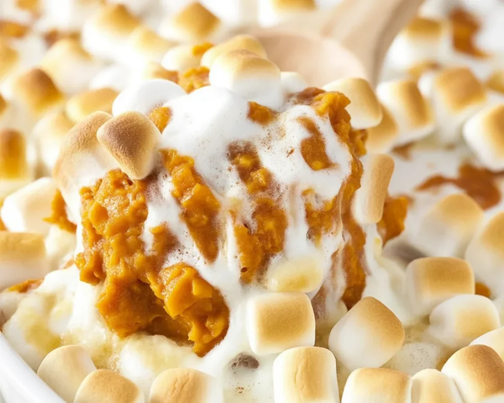 Delicious Loaded Sweet Potato Casserole topped with marshmallows and streusel.