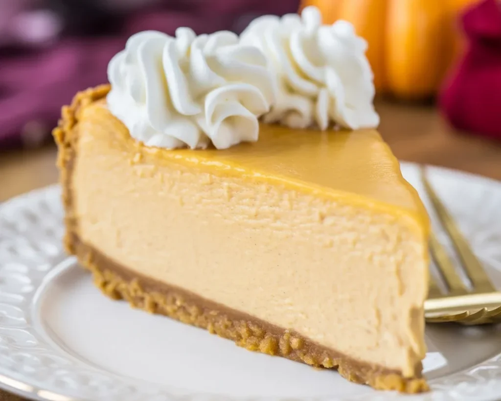 Delicious Pumpkin Cheesecake topped with whipped cream and spices, perfect for autumn.