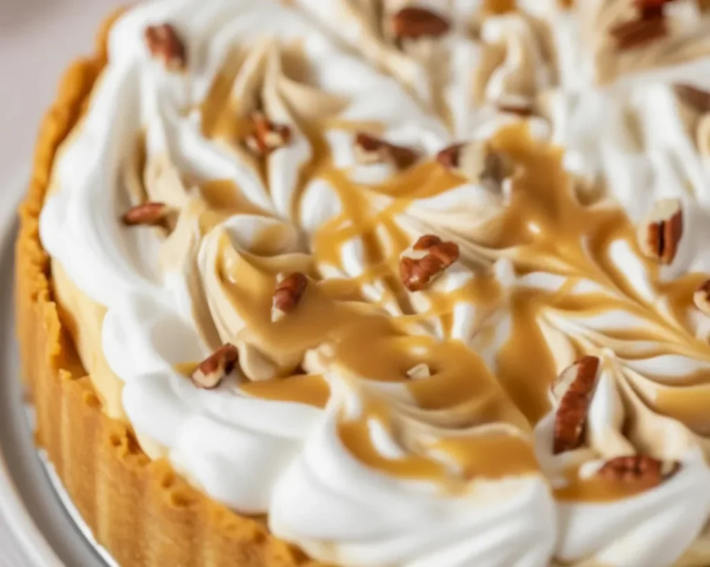 Slice of salted caramel apple pie cheesecake with apple filling and caramel drizzle.