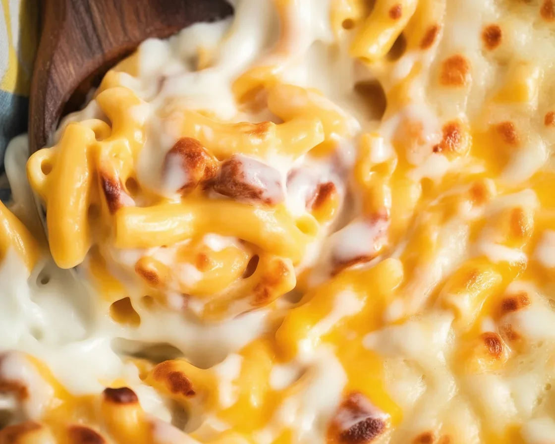 Delicious creamy Baked Mac and Cheese topped with a crispy layer of cheese