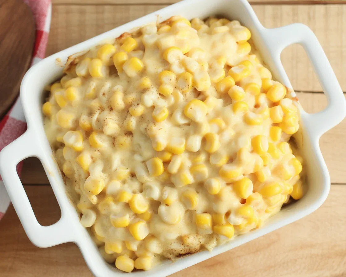 Delicious Crack Corn Casserole with cream cheese and bacon baked until bubbly.