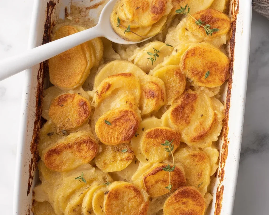 Delicious scalloped potatoes baked in creamy sauce with layers of cheese and herbs.