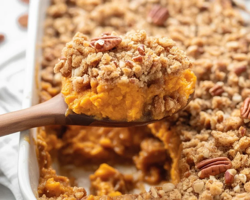 Creamy Best Ever Sweet Potato Casserole topped with pecan streusel, perfect for Thanksgiving.