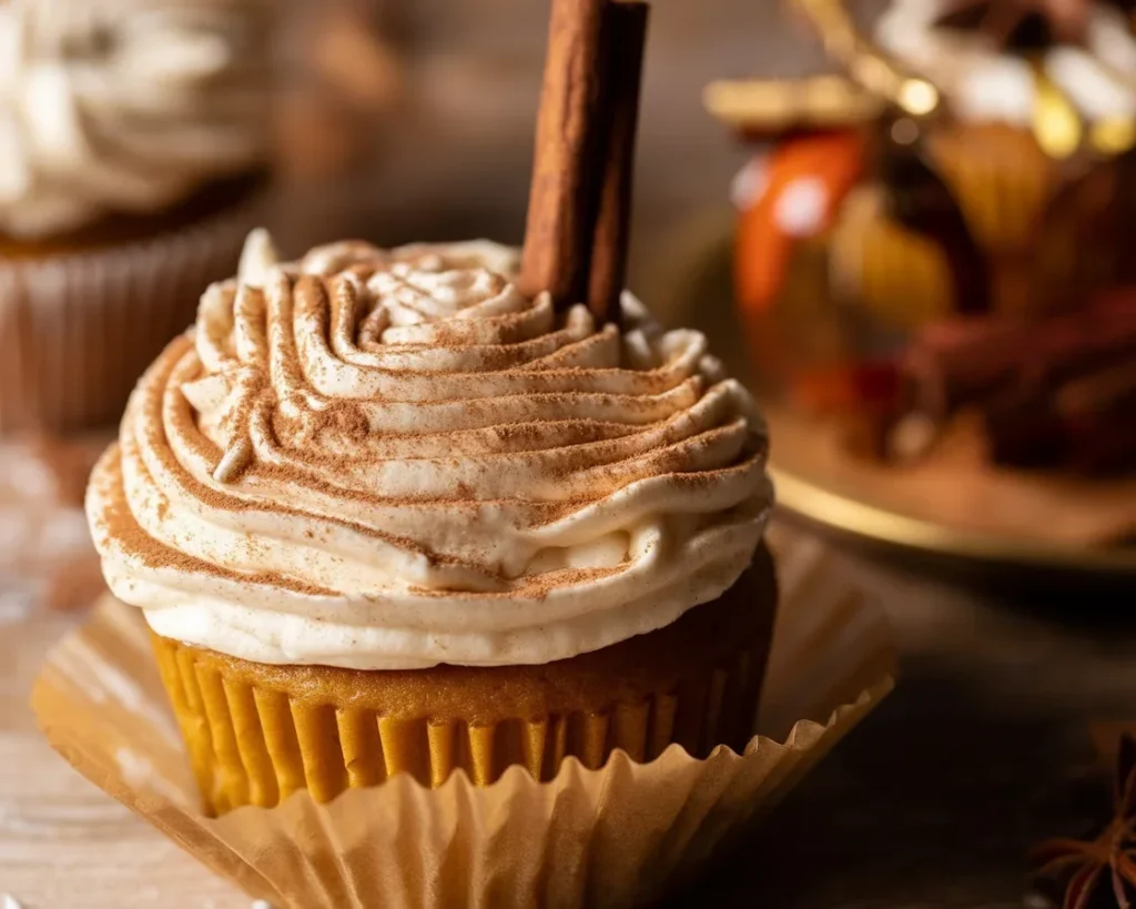 Pumpkin Chai Latte Cupcakes topped with creamy chai frosting and cinnamon dust.