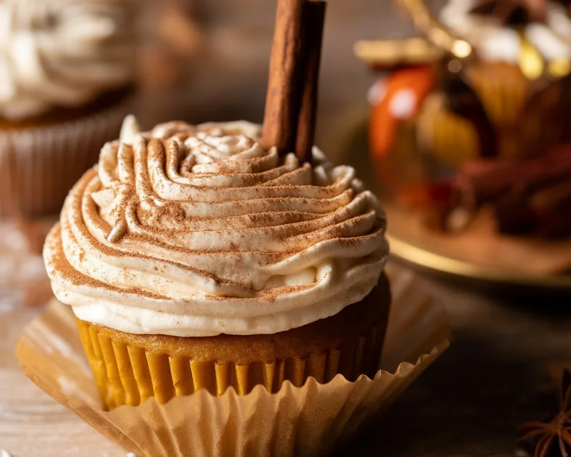 Pumpkin Chai Latte Cupcakes topped with creamy chai frosting and cinnamon dust.
