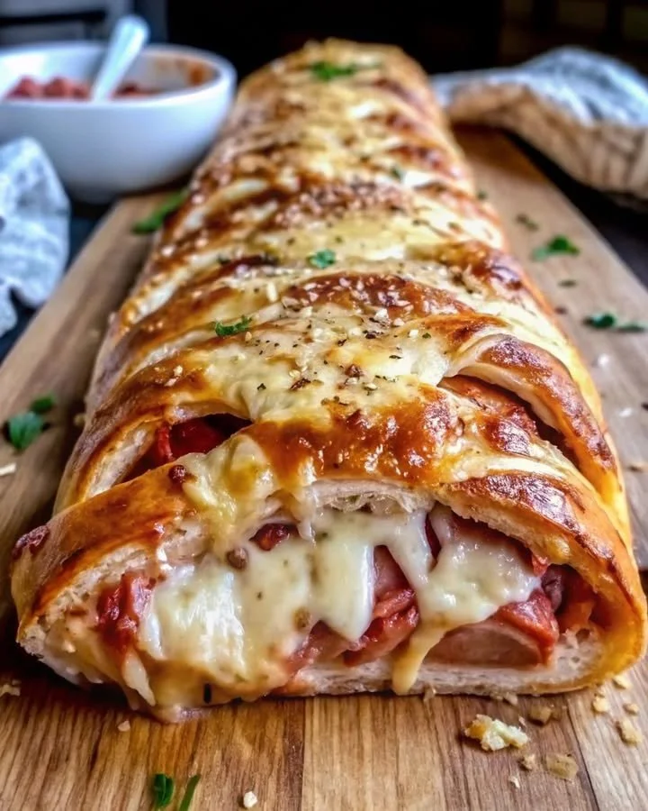 Freshly baked Italian Stromboli with savory fillings