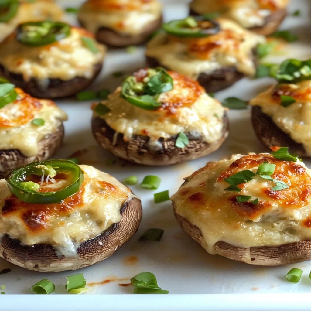Jalapeno popper stuffed mushrooms topped with cheese and jalapenos.