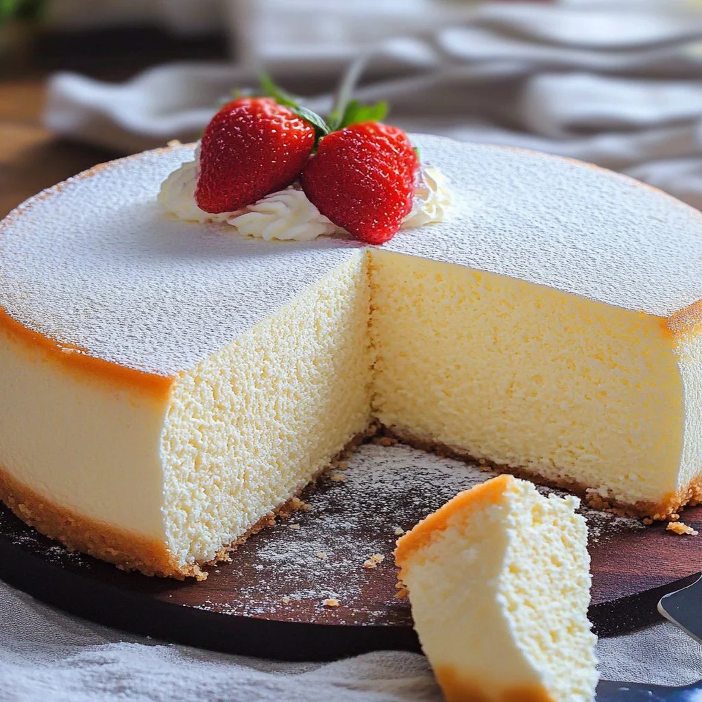 Slice of Japanese Cotton Cheesecake on a plate with fresh strawberries
