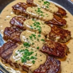 Juicy steak served with creamy garlic sauce on a plate