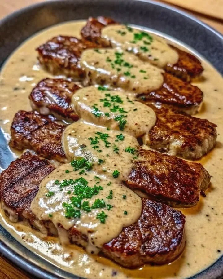 Juicy steak served with creamy garlic sauce on a plate