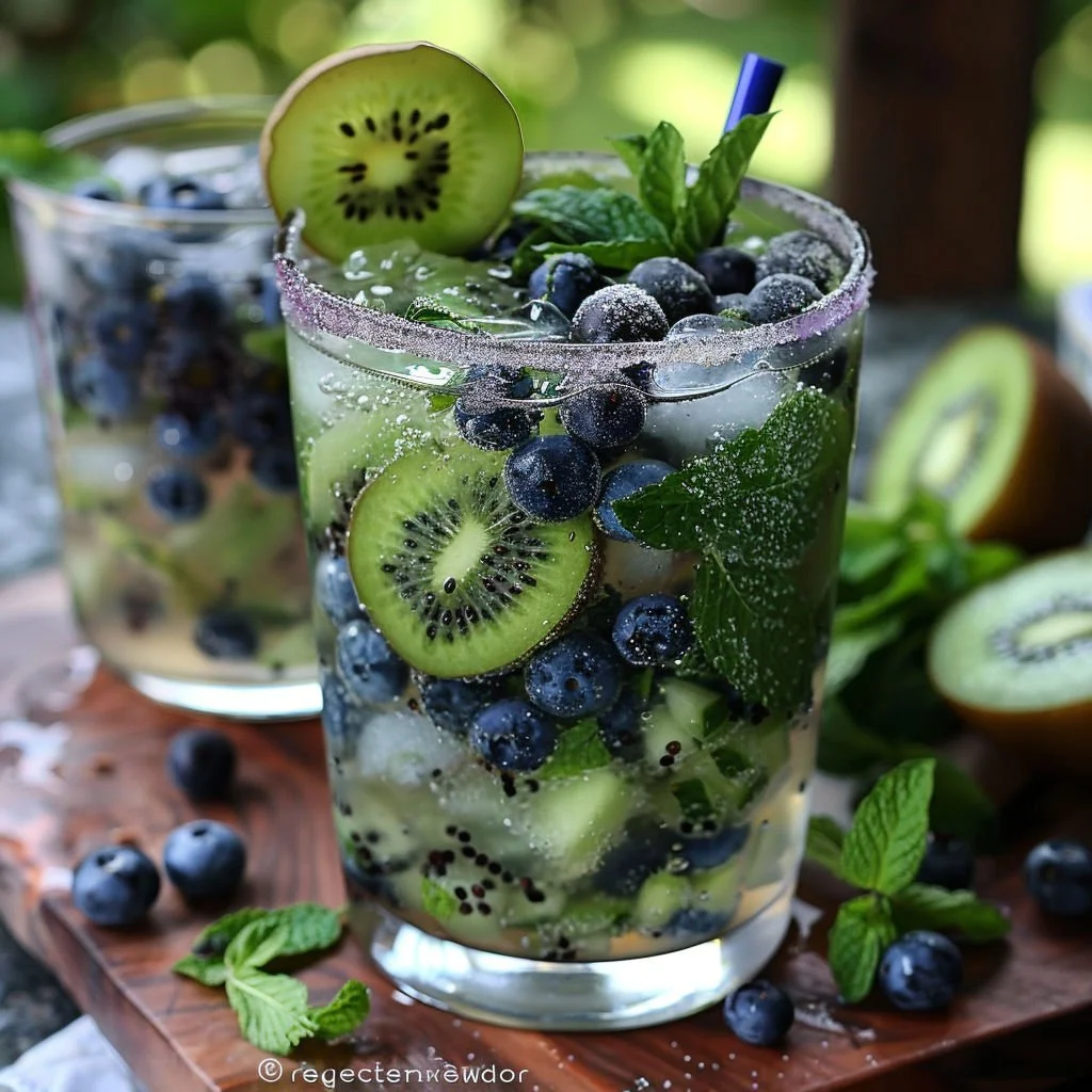 Image of a refreshing Kiwi Blueberry Mojito cocktail garnished with mint and fruit