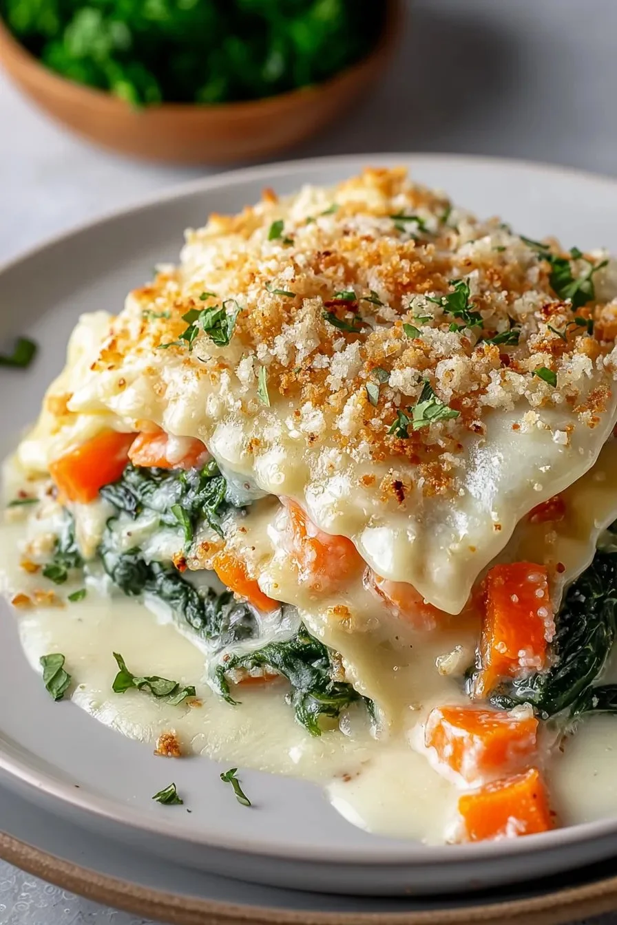 Lazy Day Vegetable Lasagna topped with fresh vegetables and cheese