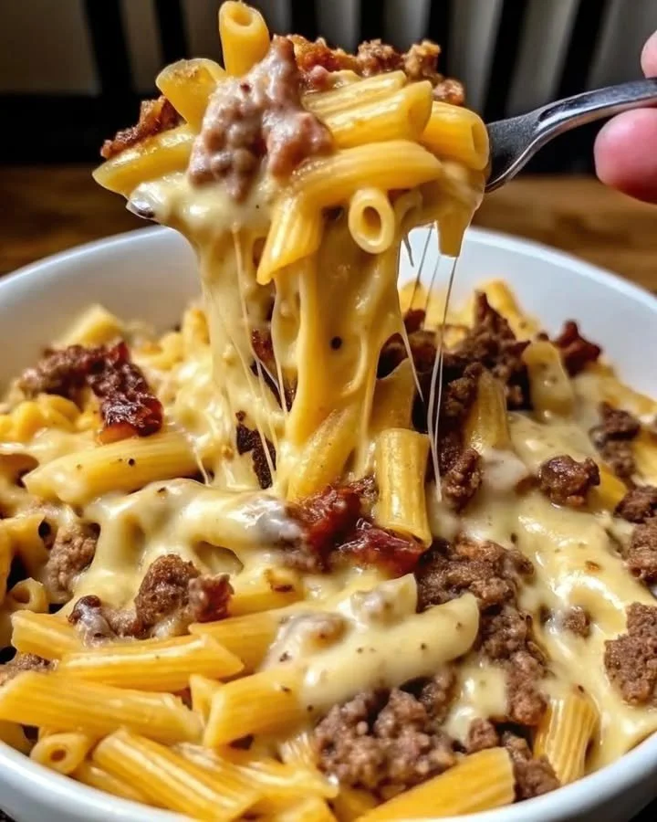 Bacon Cheeseburger Alfredo Pasta topped with crispy bacon and cheese