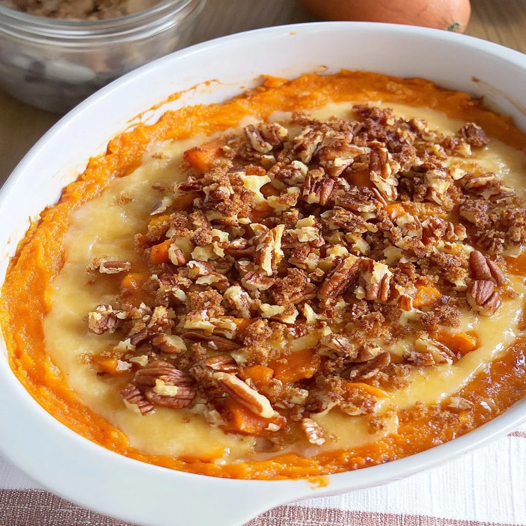 Delicious Loaded Sweet Potato Casserole topped with marshmallows and pecans