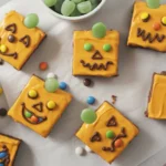 Melted Jack O' Lantern Brownies decorated for Halloween