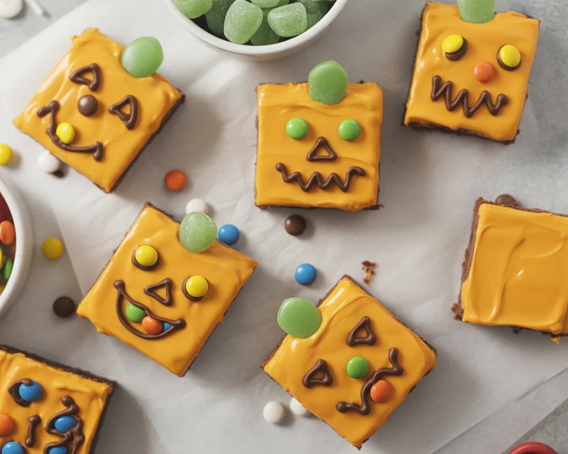 Melted Jack O' Lantern Brownies decorated for Halloween