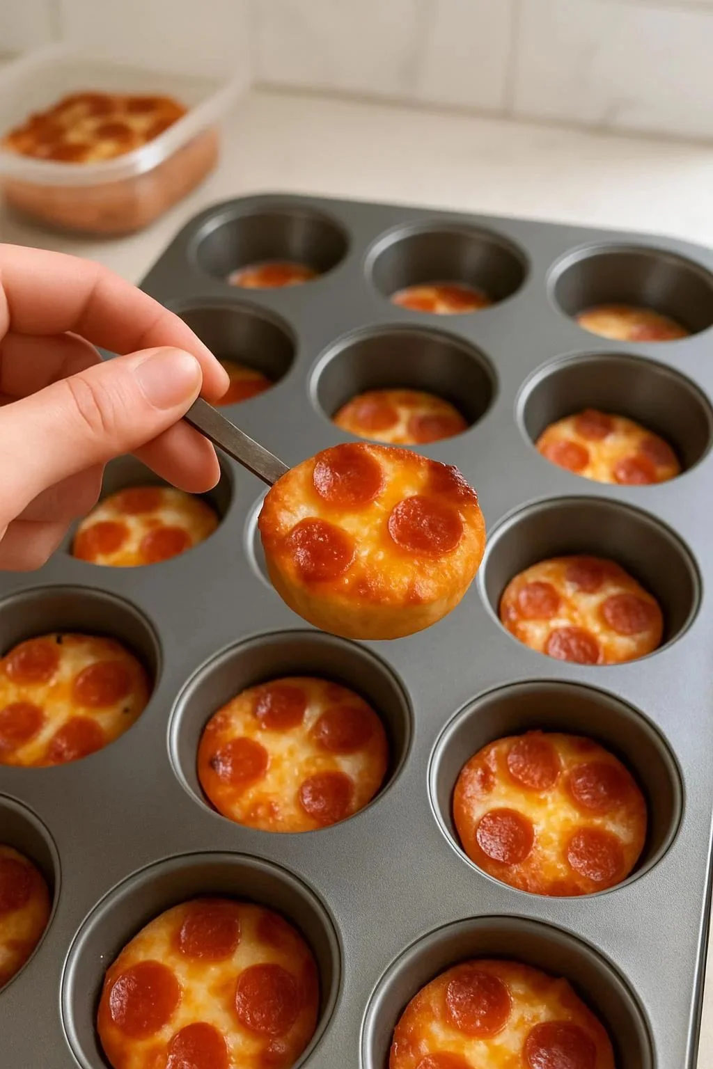 Mini deep dish crescent roll pizzas topped with cheese and pepperoni