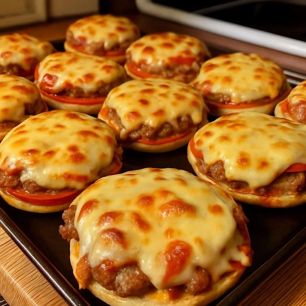 Delicious mini pizza burgers served on a platter.