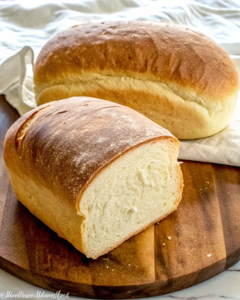 Freshly baked no knead sandwich bread loaf with a golden crust and soft, fluffy interior on a wooden board