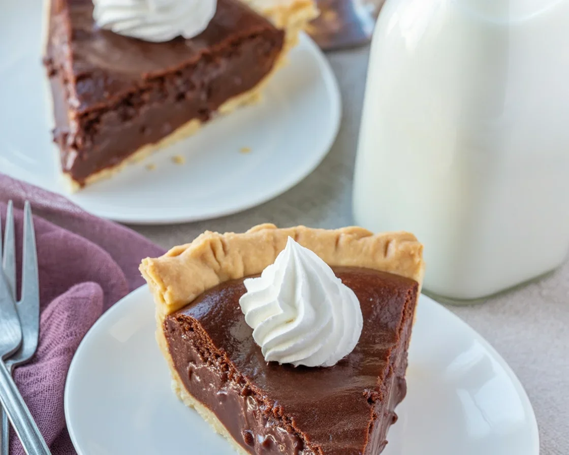 Slice of rich and creamy Old-Fashioned Chocolate Pie on a plate