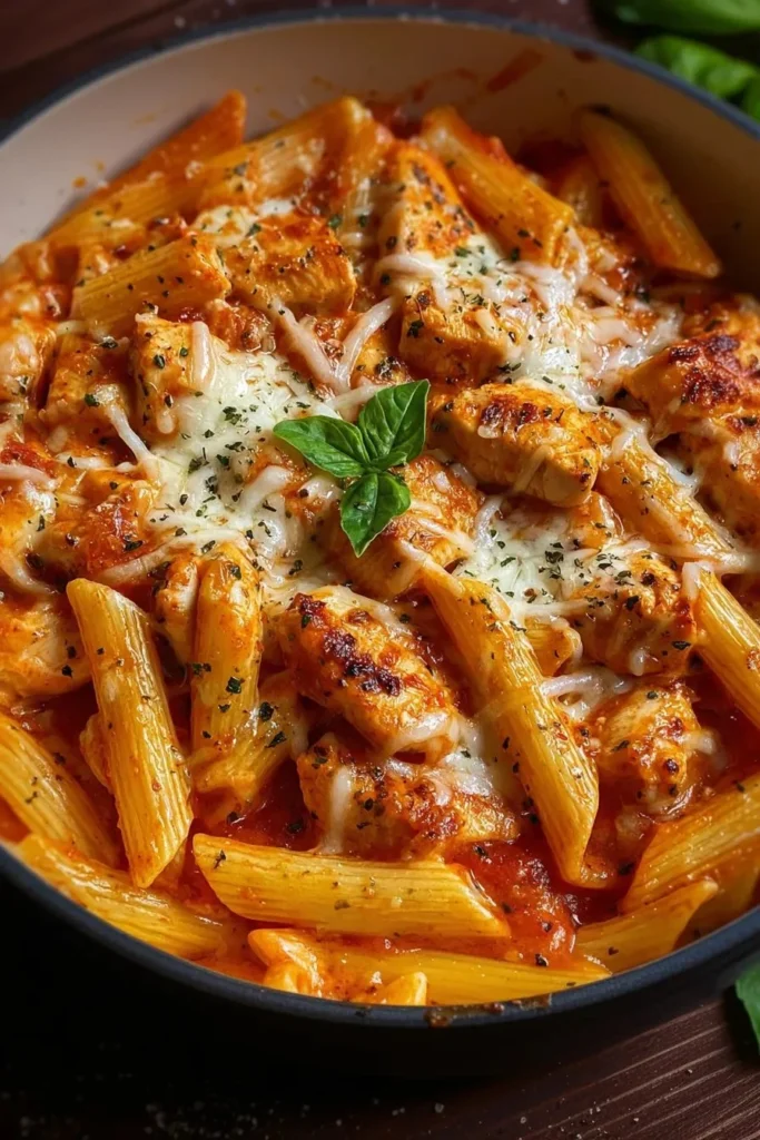 One-Pot Chicken Parmesan Pasta ready to serve in a bowl