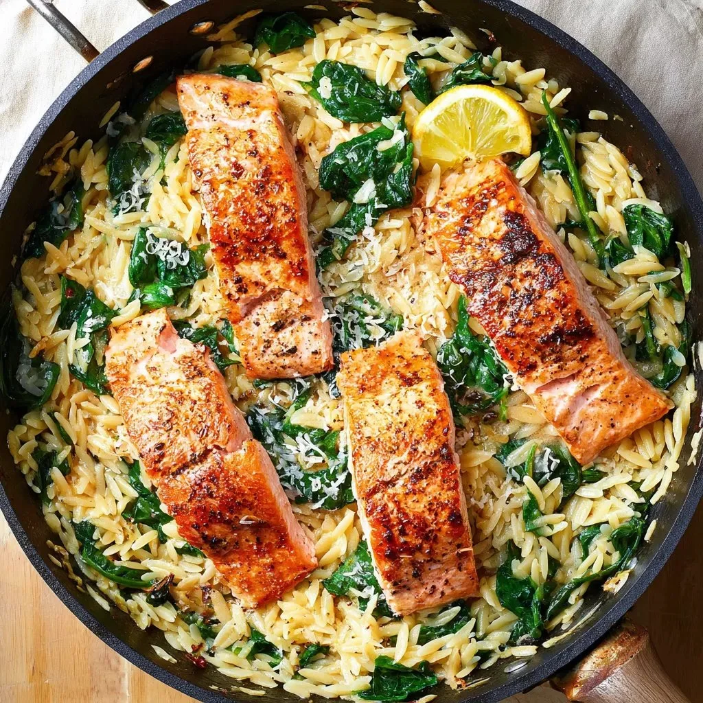 One skillet salmon lemon orzo dish garnished and ready to serve