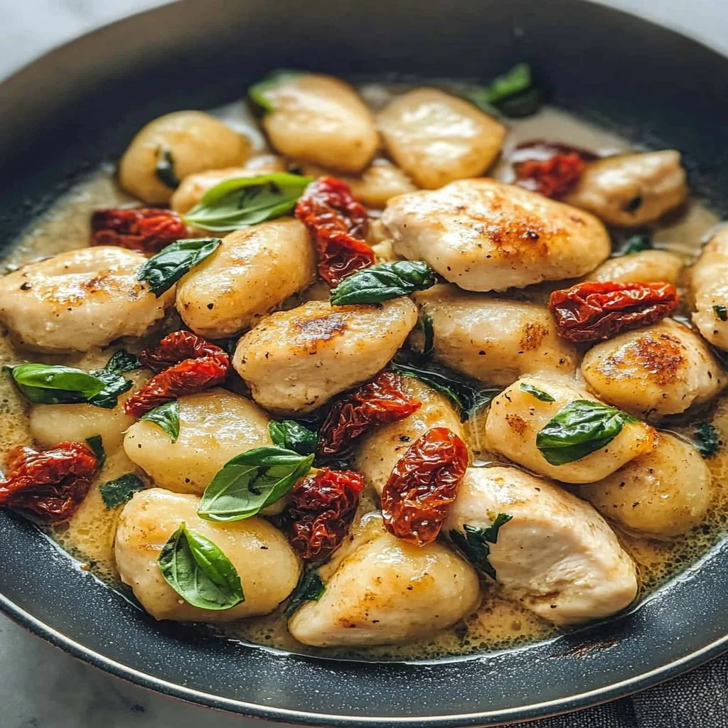 One Skillet Sun-Dried Tomato Chicken with Gnocchi served on a plate