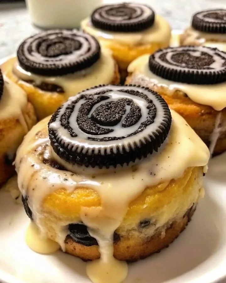 Delicious Oreo stuffed cinnamon rolls topped with icing on a wooden table