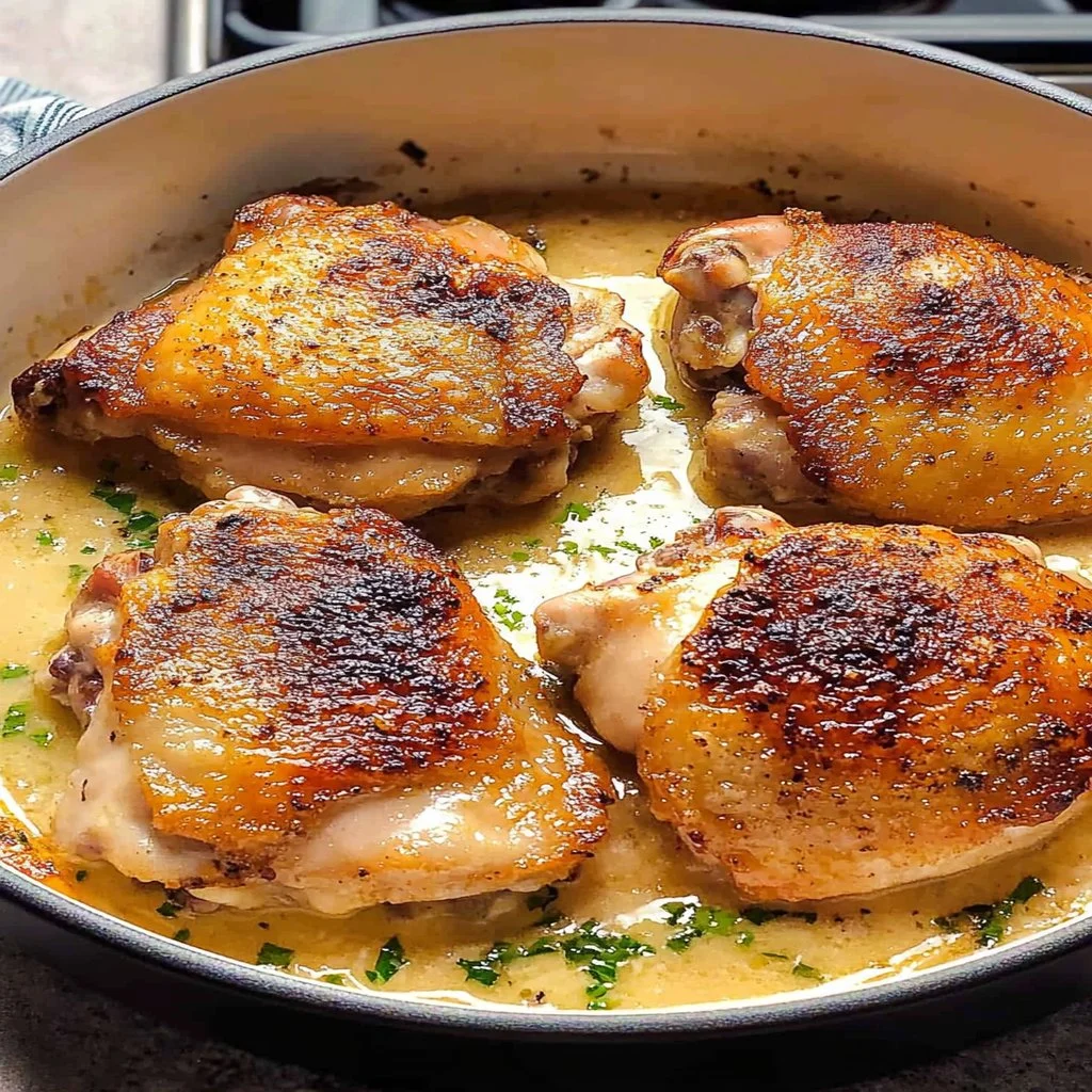 Delicious oven-fried chicken thighs served on a plate with herbs