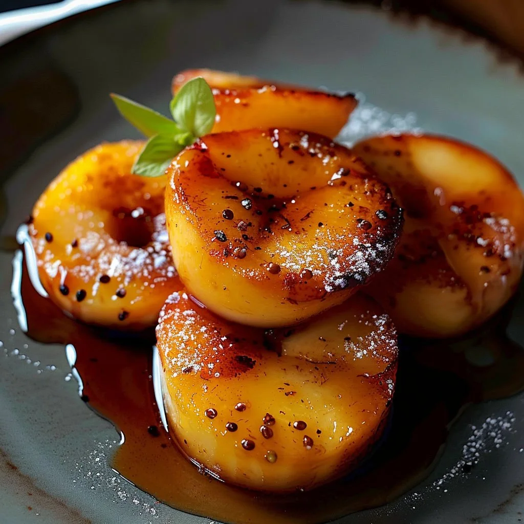 Delicious pan-fried peaches served on a plate with a drizzle of honey.