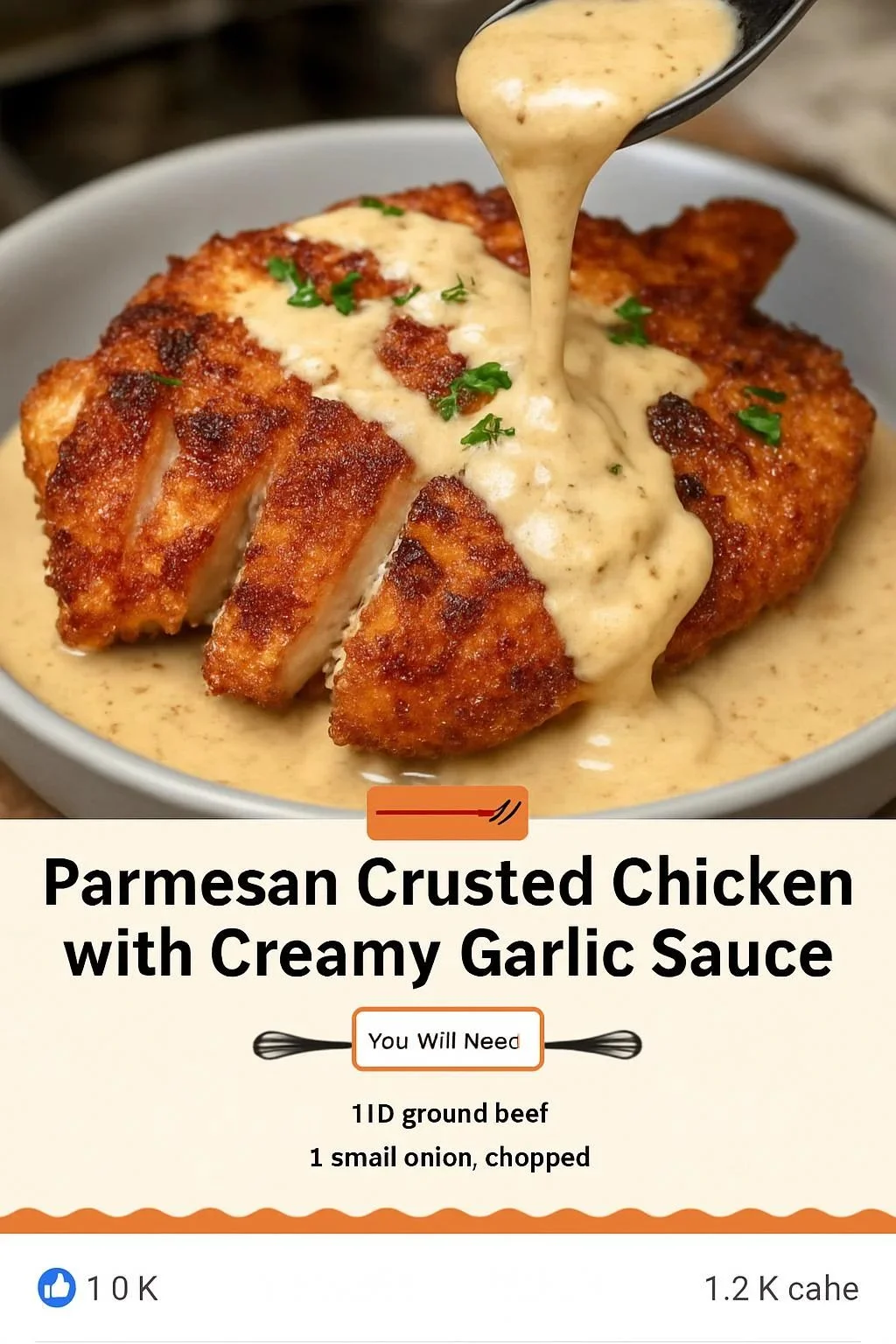 Parmesan Crusted Chicken served with creamy garlic sauce on a plate