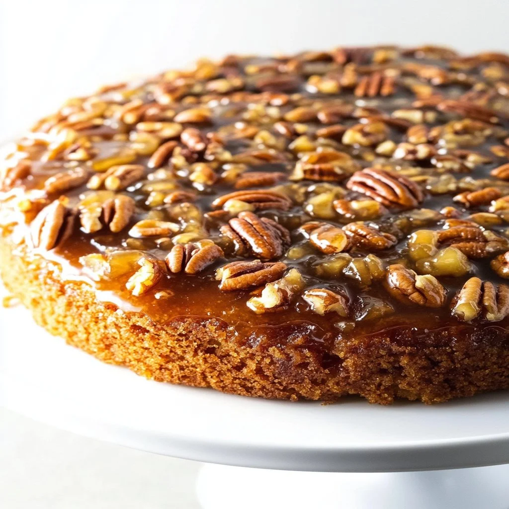 Delicious Pecan Upside Down Cake with caramelized pecans and a moist texture