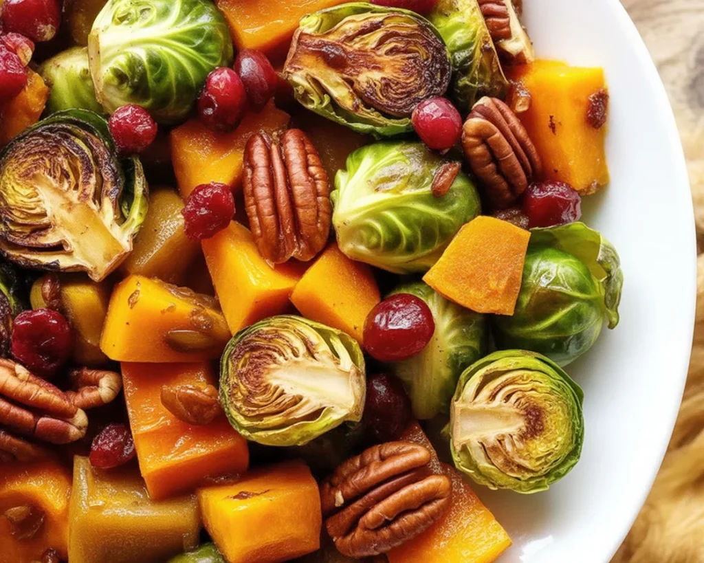 Roasted Butternut Squash, Brussels Sprouts, Cranberries, and Pecans side dish