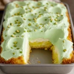 A slice of Pistachio Bliss Cake topped with green frosting and crushed pistachios.
