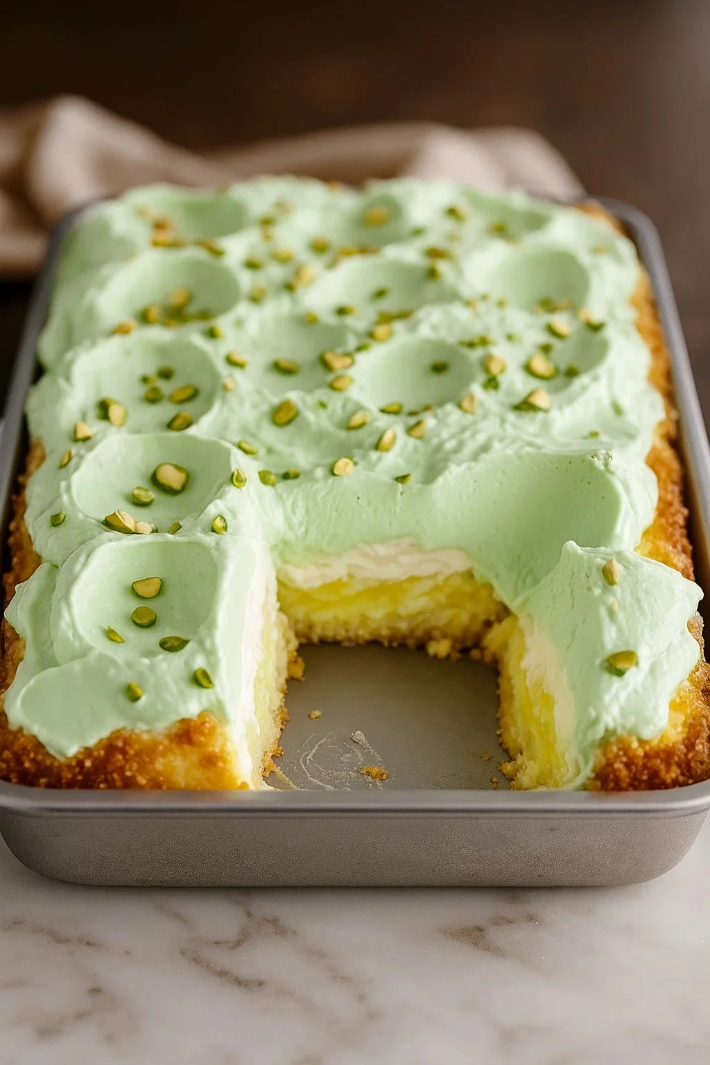 A slice of Pistachio Bliss Cake topped with green frosting and crushed pistachios.