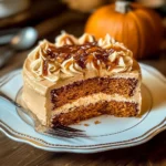 Delicious pumpkin cake with caramel cream cheese frosting on a rustic table