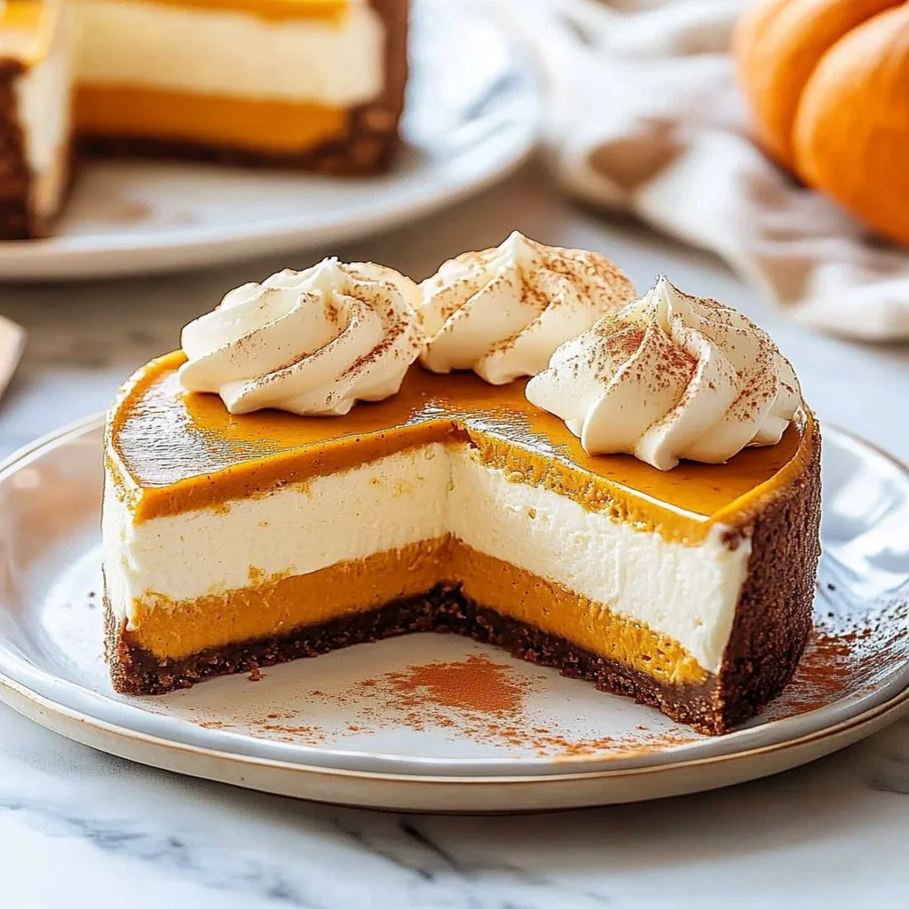 Delicious homemade Pumpkin Cheesecake topped with whipped cream and spices.