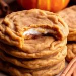 Soft Pumpkin Cheesecake Cookies with creamy filling and cinnamon sugar topping