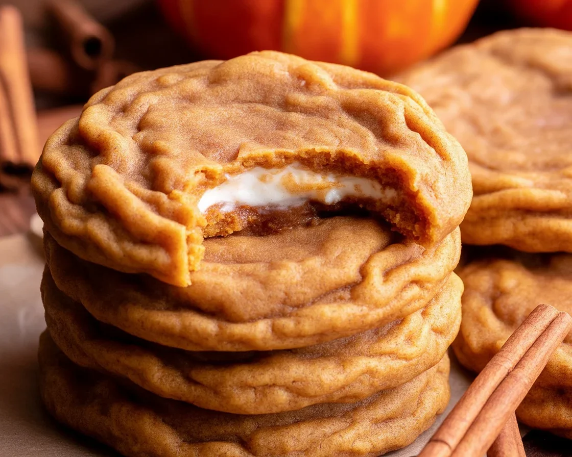 Soft Pumpkin Cheesecake Cookies with creamy filling and cinnamon sugar topping