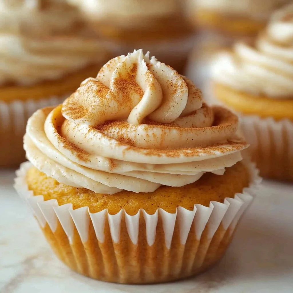 Pumpkin cheesecake cupcakes topped with creamy frosting and pumpkin spice.