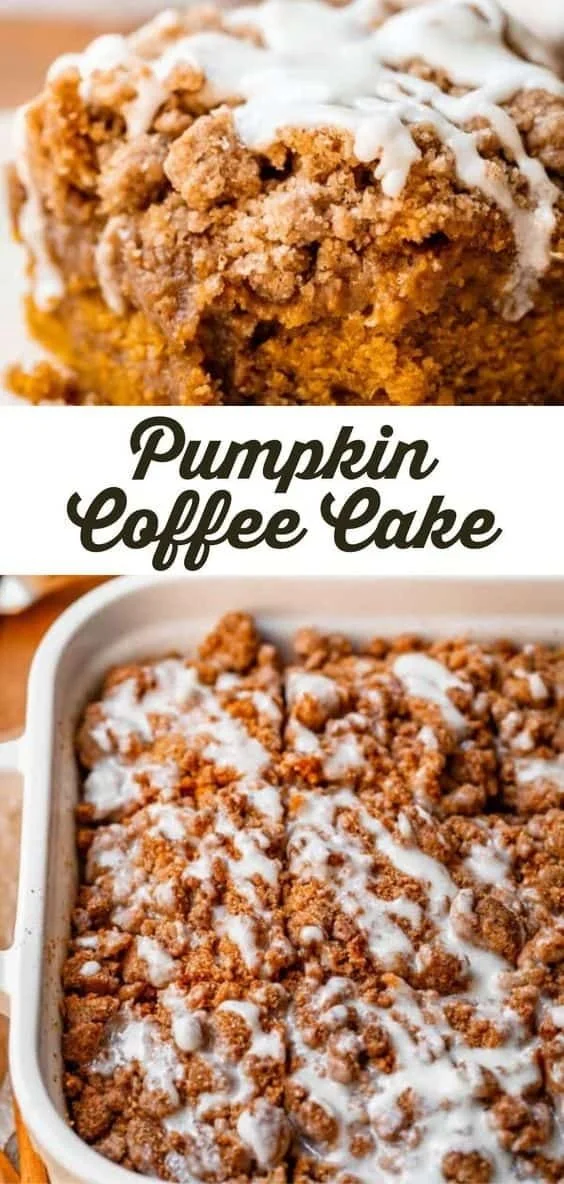 Delicious homemade Pumpkin Coffee Cake served on a white plate